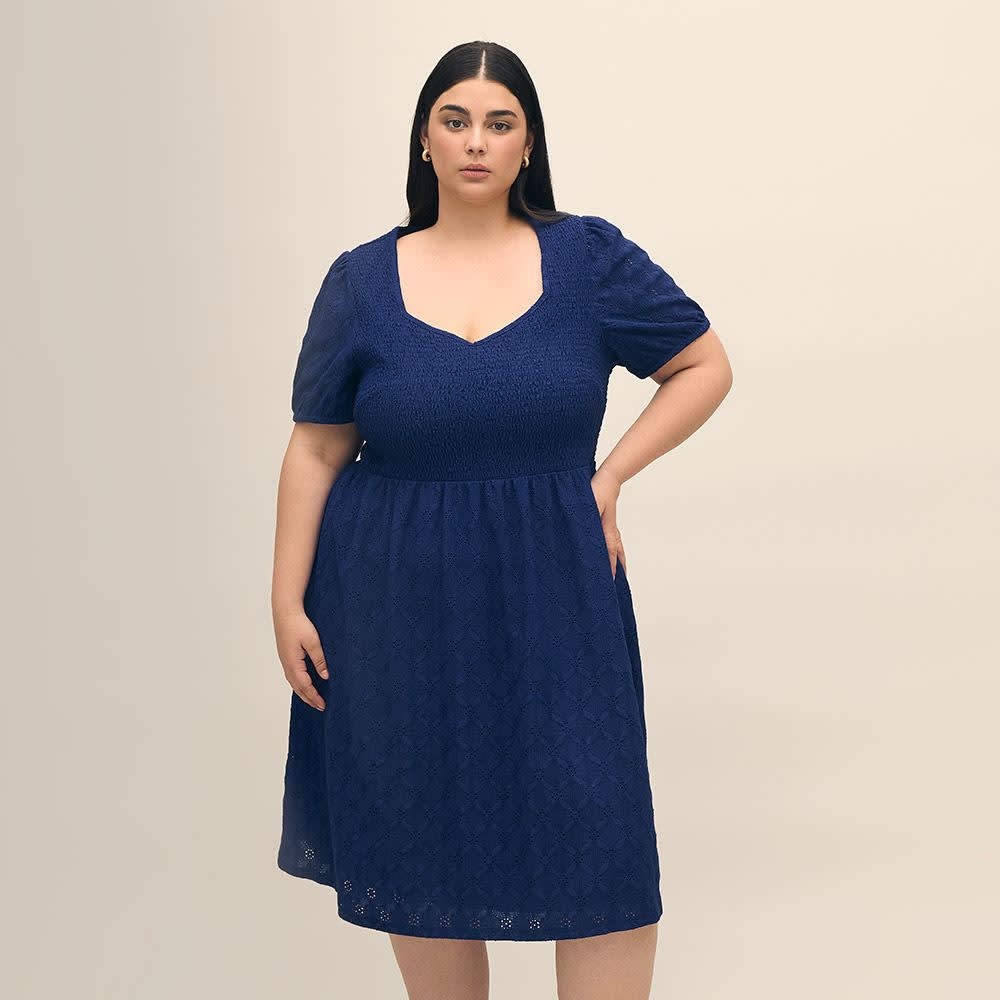 Eyelet Knit Dress with Short Balloon Sleeves